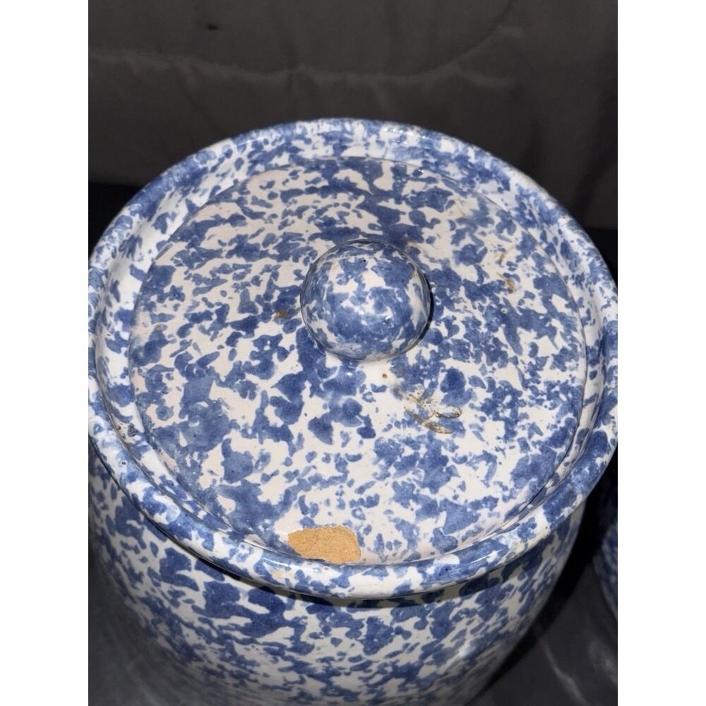 Blue Spongeware Large Storage Jars & Lids Crock Pair Of 7” And 9” - Picture 2 of 12